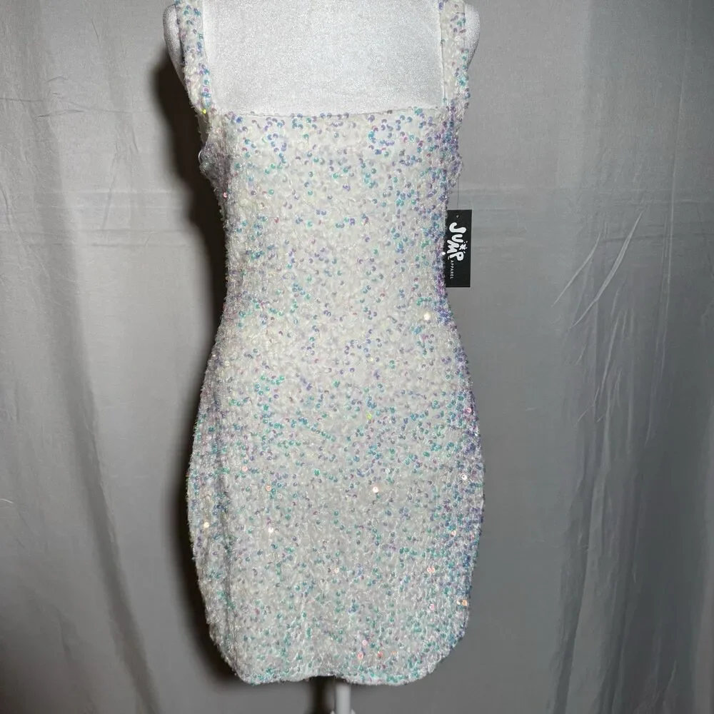NWT Jump Apparel White Sequin Mini Dress Medium Iridescent Party Prom Dance